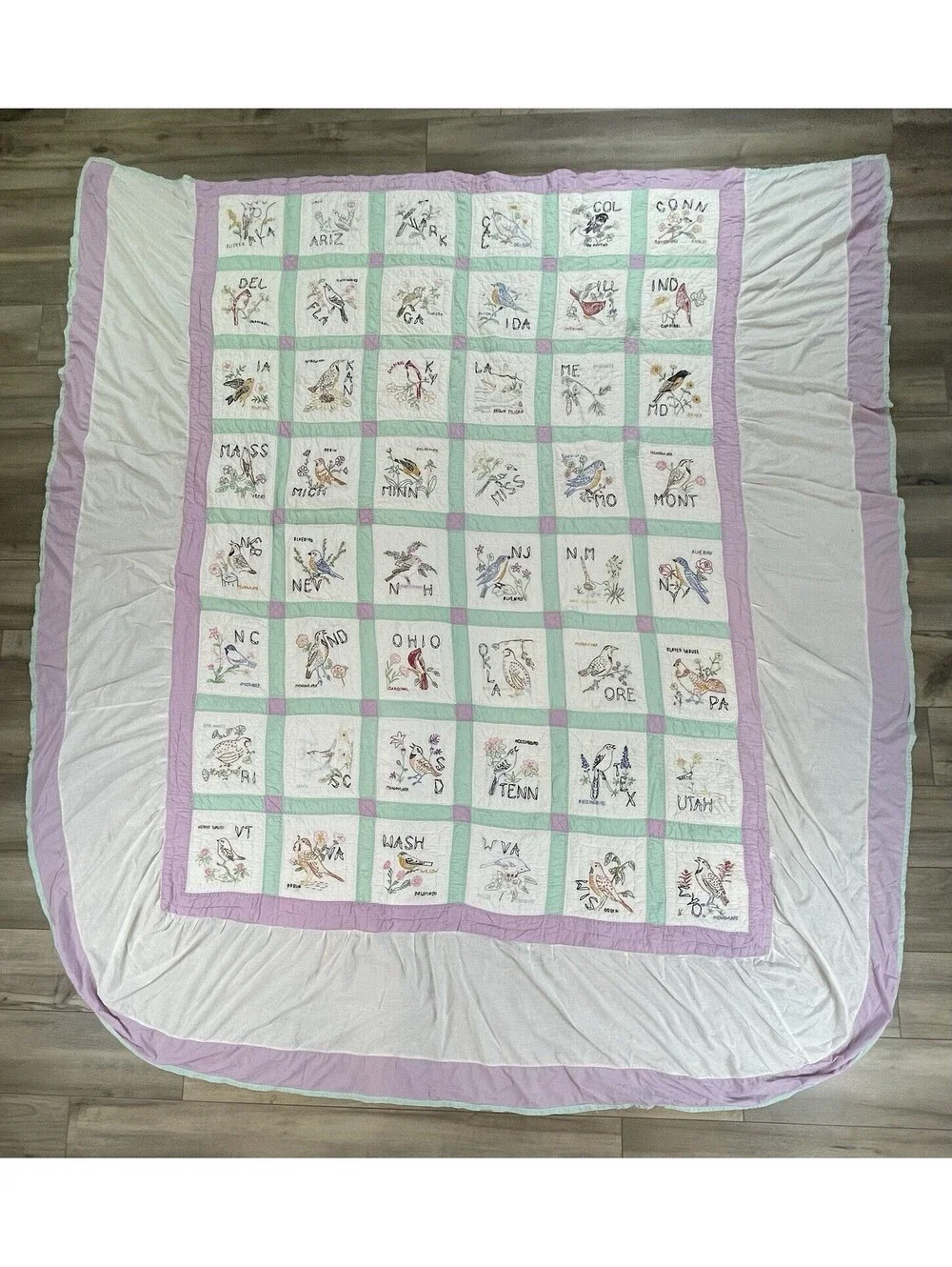 Vintage Quilt 48 State Birds & Flowers Hand Sewn Embroidered Attached Bedskirt